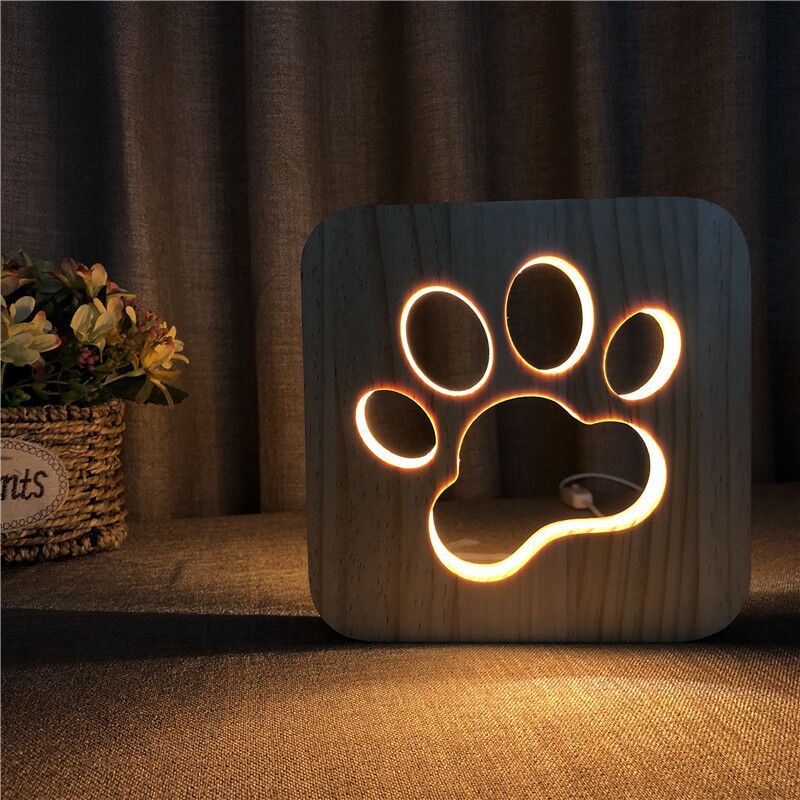 Wooden Dog Paw Cat Animal Night Light French Bulldog Luminaria 3D Lamp USB Powered Desk Lights