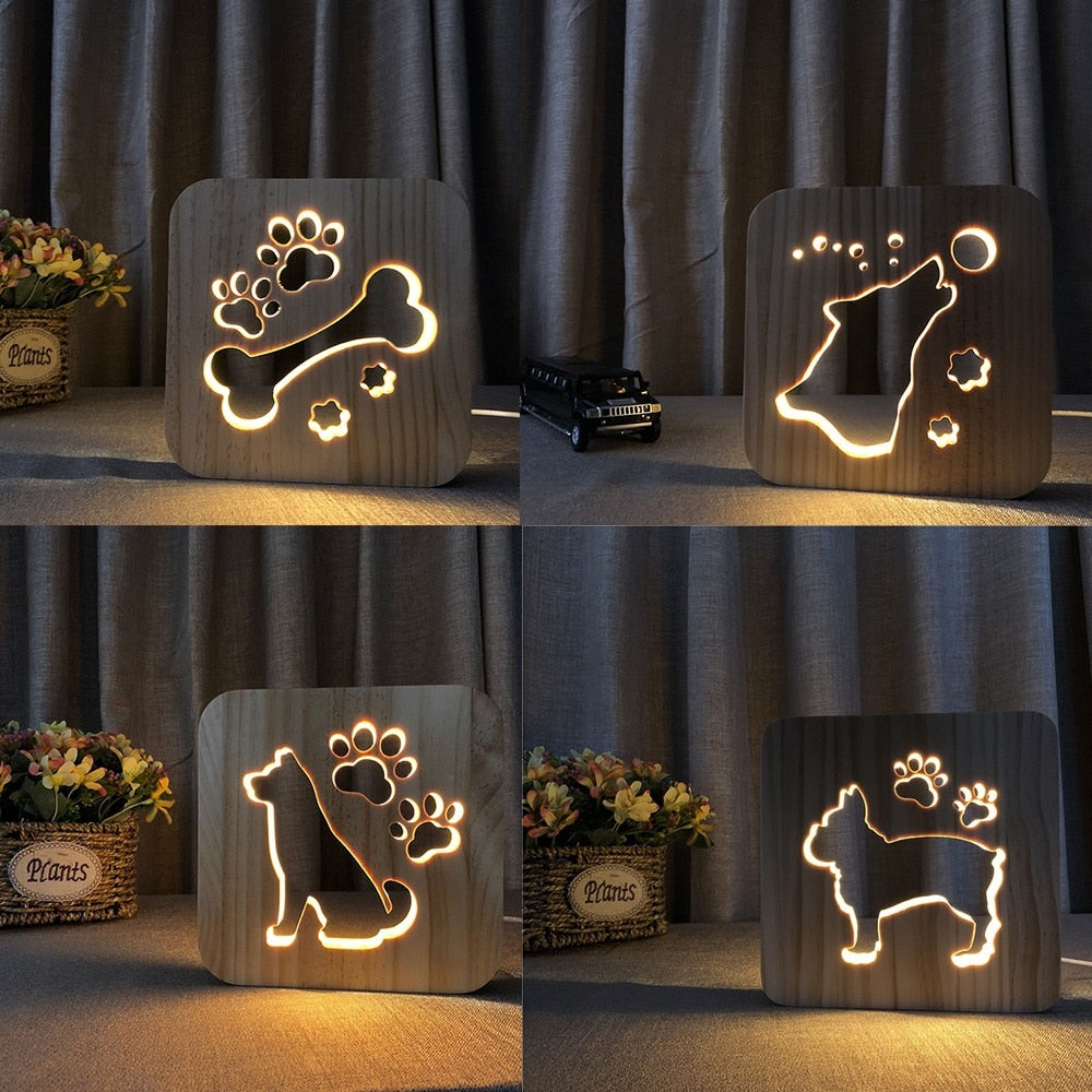 Wooden Dog Paw Cat Animal Night Light French Bulldog Luminaria 3D Lamp USB Powered Desk Lights